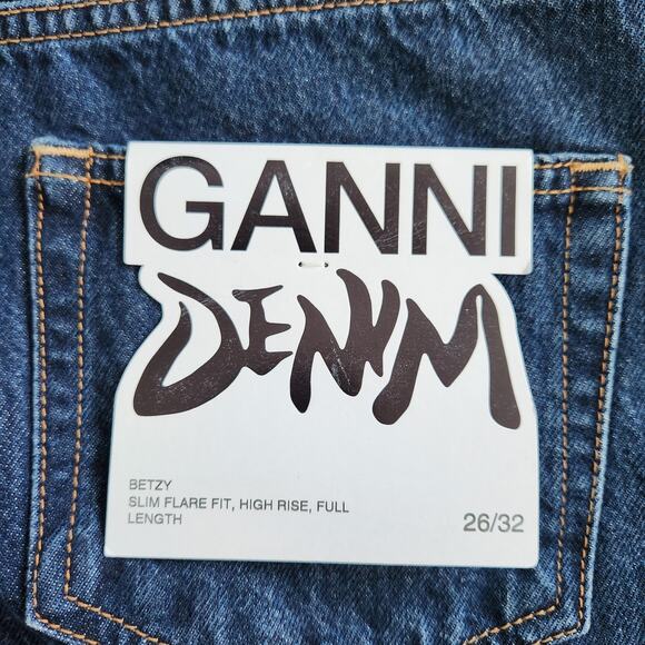 Ganni Betzy Dark Blue Stone High Rise Slim Flare Full Length Jean 26/32 NWT $195 - Picture 11 of 11